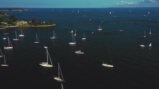 Drone Pan Través Puerto Lleno Yates Barcos Noreste Día Verano — Vídeos de Stock