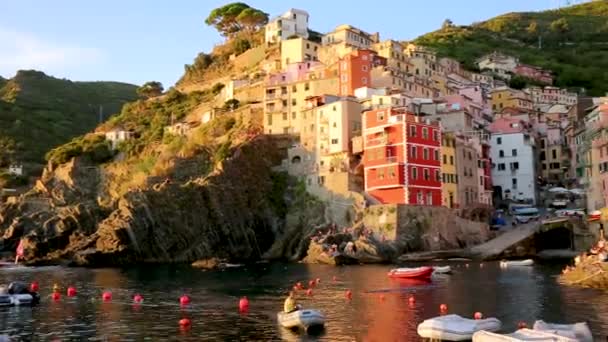 Roll Vid Piren Den Lilla Byn Riomaggiore Cinque Terre Italien — Stockvideo