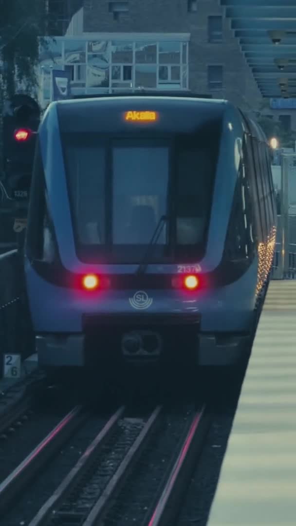 一辆现代化的地铁离开了瑞典斯德哥尔摩地铁站 人们步行 缓慢的运动 Vertical — 图库视频影像