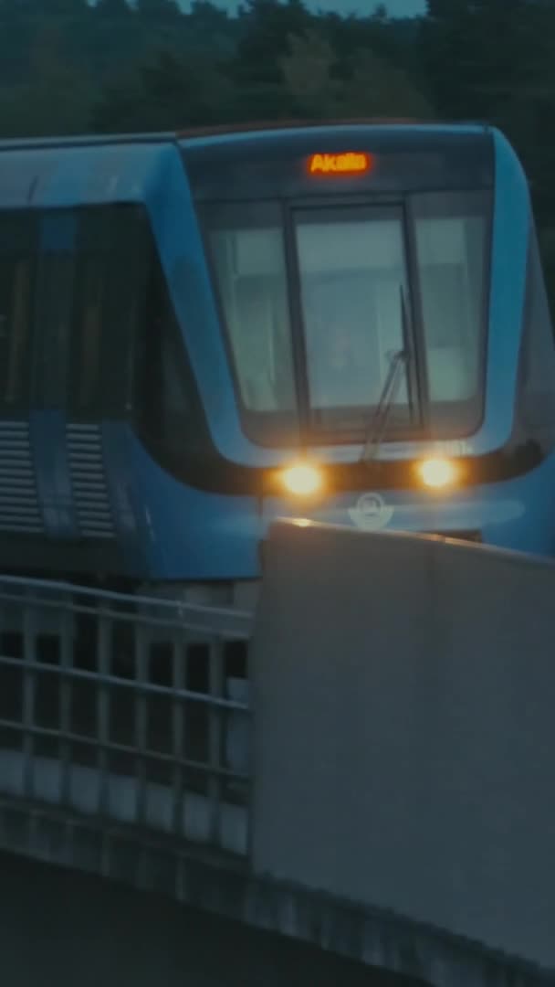 Jobb Panning Lövés Egy Metró Vonat Érkező Pályaudvar Stockholmban Svédországban — Stock videók