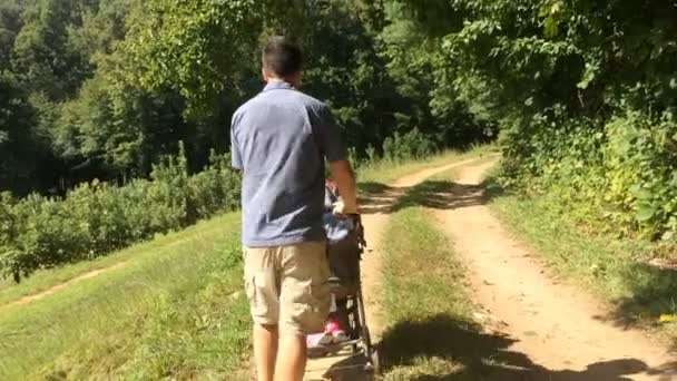 Papa Duwt Kinderwagen Wandeling Door Appelboomgaard — Stockvideo