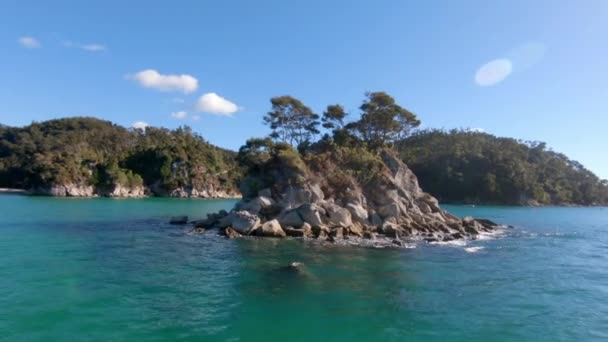 俯瞰一个小岛上的岩石岛 岛上有几棵树上的海洋 背景是繁茂的青翠的海岸线 — 图库视频影像