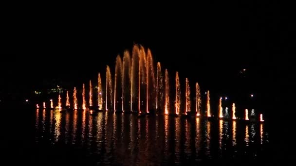 光の祭りの間に湖の上にカラフルな噴水 — ストック動画