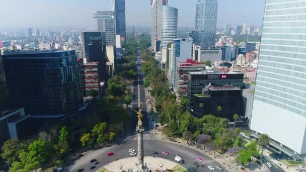 メキシコ市の独立記念碑の空中ドローン映像は エンジェル インデペンシアとレフォルマ アベニューの像を示している — ストック動画
