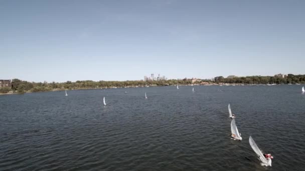 Aérial Voiliers Course Sur Lac Calhoun Avec Minneapolis Skyline — Video