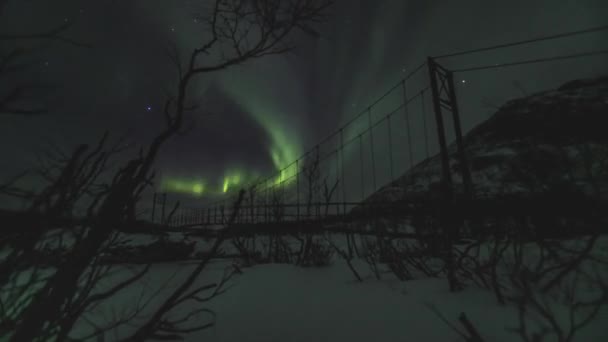 Βόρεια Φώτα Πάνω Από Γέφυρα Βόρεια Σουηδία Χιόνι — Αρχείο Βίντεο