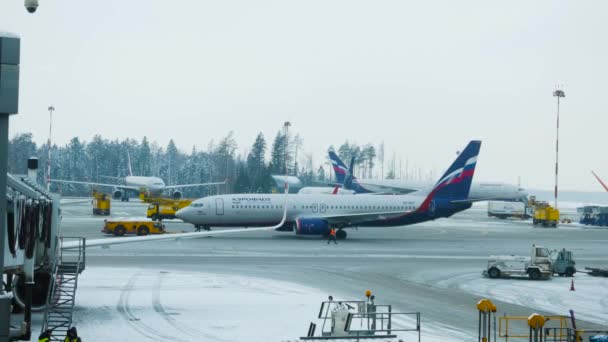 モスクワのシェレメチェヴォ空港 アエロフロート航空はシェレメチェヴォ国際空港のターミナルDでの航空交通と搭乗 — ストック動画
