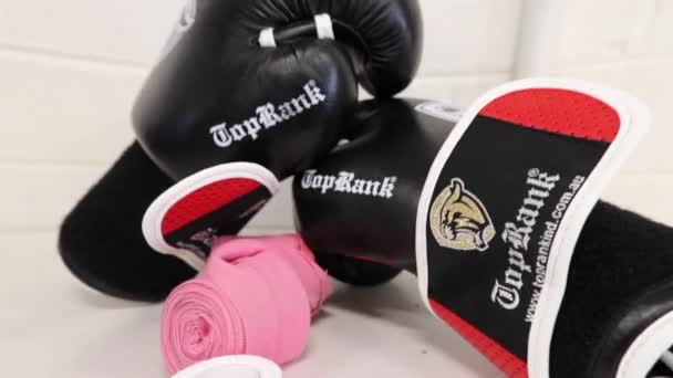 Boxing Accessories Necessities Bench Boxing Gloves Fist Wrap Bandage — Stock Video
