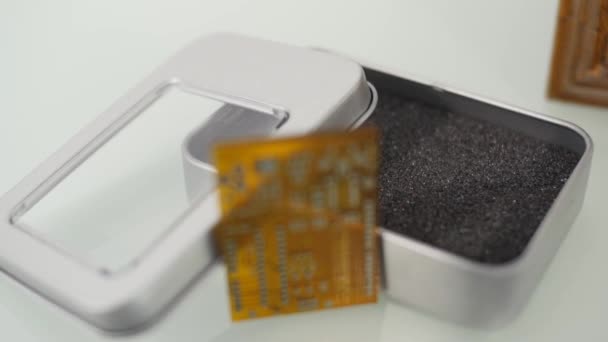 Closeup Small Printed Pcb Board Its Metal Casing — Stock Video