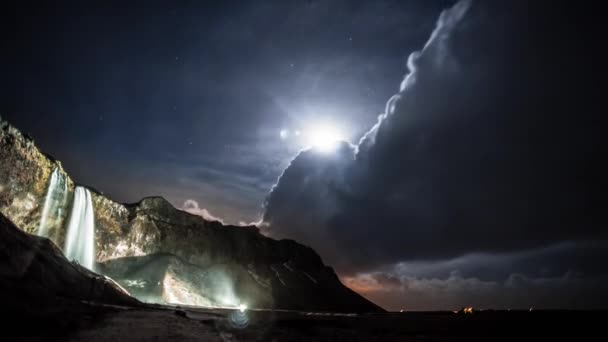 Bela Timelapse Cenário Quase Surreal Islândia Com Uma Cachoeira Lua — Vídeo de Stock