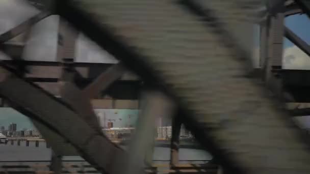 Поезд Едет Через Мост Передней Части Горизонта Гамбурга — стоковое видео