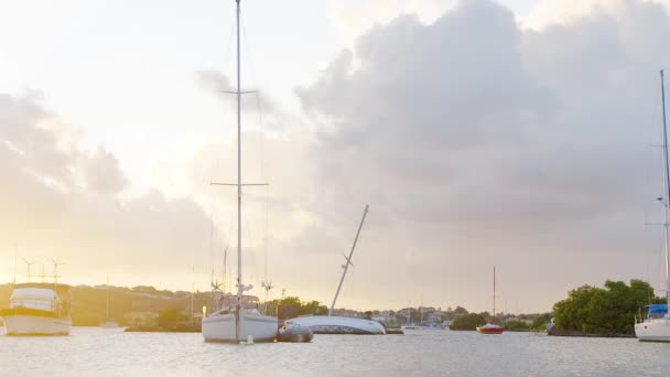 Yachts Anchored Beautiful Calm Bay Caribbean Island Curacao Sunset Slow — Stock Video