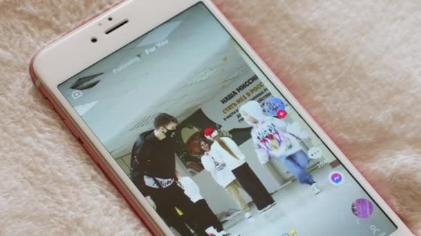 Touching Screen Smartphone Watching Videos Tiktok App Online Swiping Video — 비디오