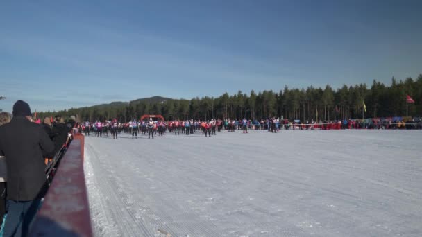 Tjejvasan越野滑雪比赛 从Oxberg开始 朝Mora方向 宽镜头 — 图库视频影像
