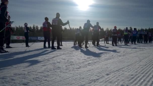 Skilangläuferinnen Tjejvasan Cross Skirennen Kurz Vor Dem Start Weitwinkelsprung — Stockvideo