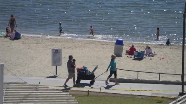 Older Couple Beach Wagon Small Child Slowed Quarter Speed — Stockvideo