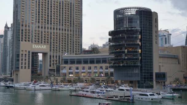 Båtar Och Båtar Förtöjda Hamnen Med Brygga Restaurang Dubai Marina — Stockvideo