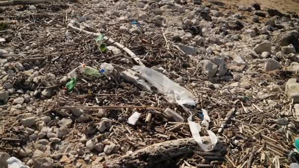 Plastic Marine Debris Washed Rocky Beach Ecological Impact — ストック動画