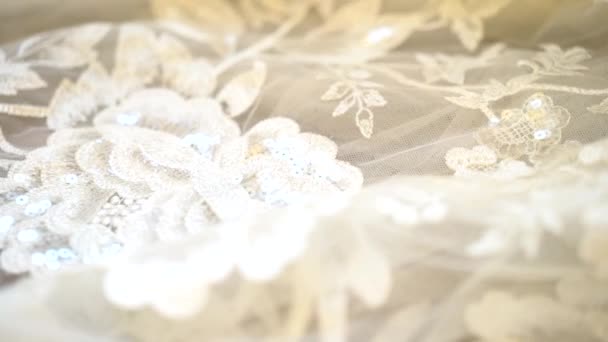 Close Pan Lace Wedding Dress Detail Shot — Vídeos de Stock