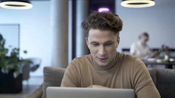 Young Positive Confident Business Person Having Video Call Conversation His — 비디오