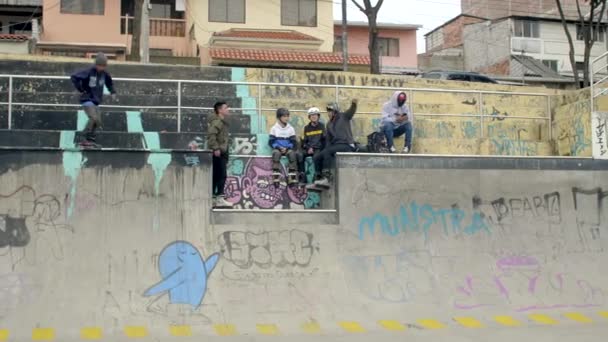 Three Males Skate Skatepark While Two Young Boys Watch — 비디오