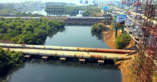 Local Train Moving Mith River Bandra Station Drone Shot Mumbai — Video Stock