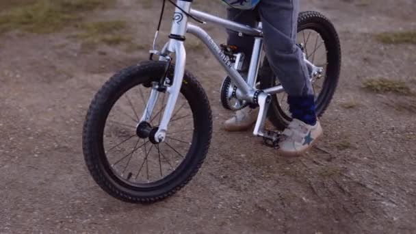 Handheld Shot Young Boy His Bike Camera Tilts Reveal His — Video