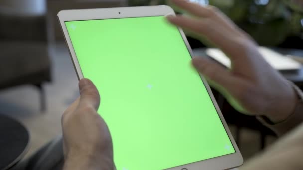 Close Shot Hands Holding Tablet Computer Green Mock Screen Template — Stockvideo