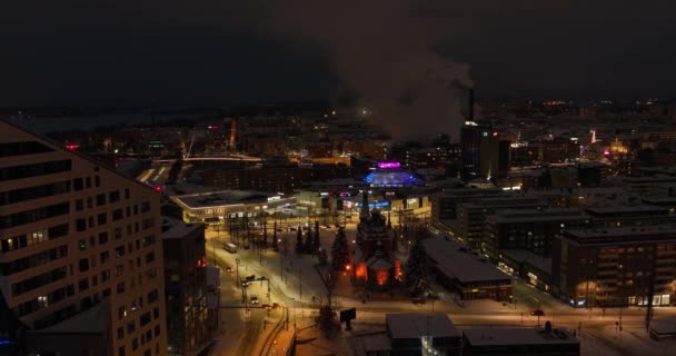 Aerial View Illuminated Ratina District Tampere Winter Evening Finland Tracking — Stok video