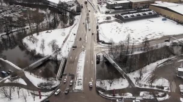 Sweeping Winter Snow Covered Aerial Panoramic River Crossing Sweden — Wideo stockowe