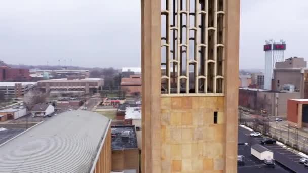 Rising Drone Orbit Shot Modern Church Tower Columba Cathedral — Stockvideo