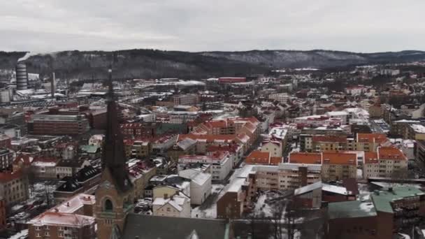 Aerial Dolly Right Shot Snow Covered Boras City Sweden Winter — Vídeos de Stock