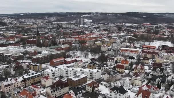 Winter Snow Covered Houses Aerial Orbit View City Boras Sweden — Vídeos de Stock