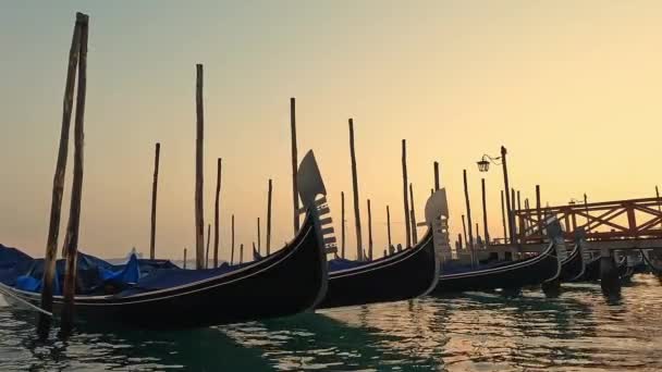 Niedrige Wasseroberfläche Einer Reihe Angedockter Gondeln Bei Sonnenuntergang Venedig Italien — Stockvideo