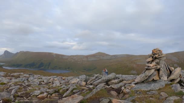 Male Hiker Passing Way Mountain Top Norway Moody Autumn Slow — Vídeo de Stock