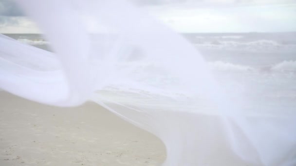 White Fabric Blowing Wind Sea Background Beach Shade White Gracefully — Video