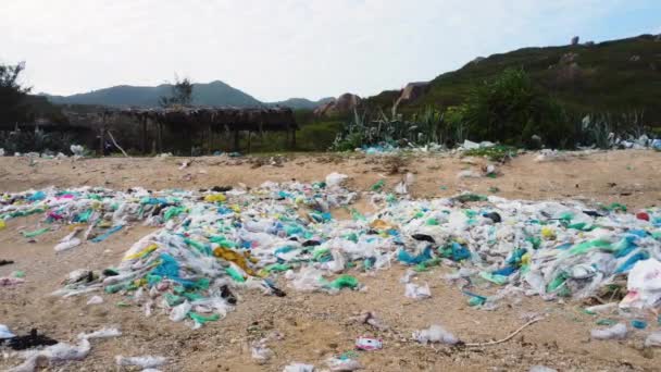 Asya Plastik Atık Çöplerle Kirli Plajın Taşıma Çekimi — Stok video