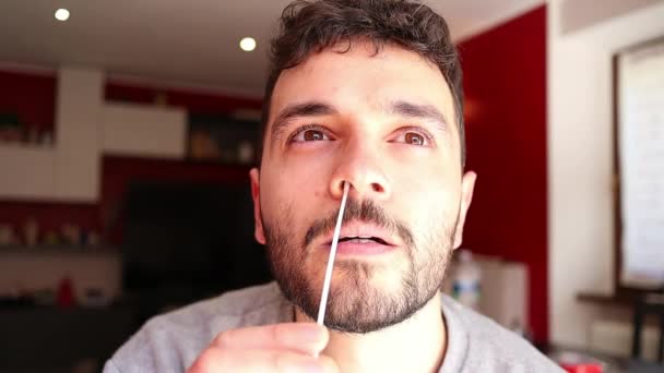 Caucasian Male Person Suffers Making Covid Swab Himself Clsoe Front — Stockvideo