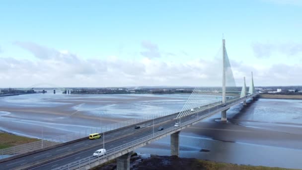 Mersey Gateway Landmark Aerial View Toll Suspension Bridge River Crossing — Stock video