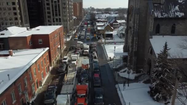 Drone Shot Lots Protesting Freedom Convoy Truckers Standstill Nepean Street — Vídeos de Stock