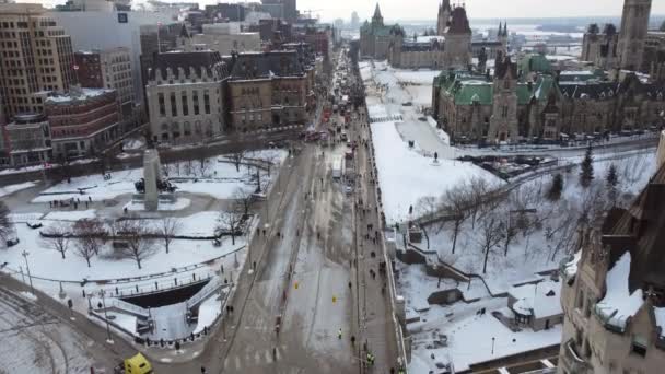 Cold Winter Aerial View Moving Forward Freedom Convoy Truckers Blockade — Stockvideo