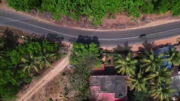 Aerial Shot Auto Rickshaw Highway Surrounded Trees — стоковое видео