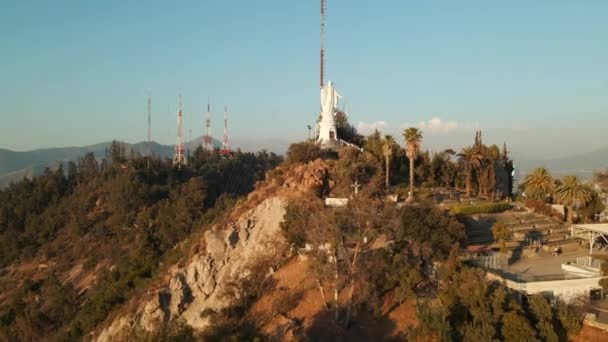 Aerial Pan Right Statue Sanctuary Immaculate Conception San Cristobal Hill — Stockvideo
