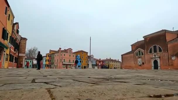 Low Angle Ground Surface First Person Pov Burano Main Square — стоковое видео