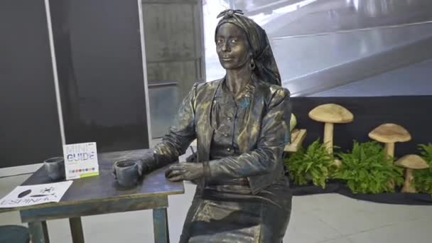 Living Metal Statue Woman Gastronomic Event Xantar Expourense Gastronomy Fair — Video Stock