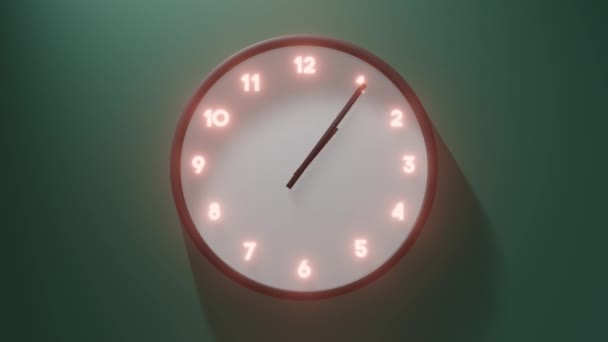 墙上的钟转24小时 快速前进旋转小时和分钟的手在墙上时钟与发光的数字 循环3D渲染动画 — 图库视频影像