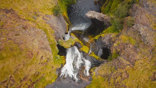 Top Aerial View Water Falling Arctic Waterfall Södra Island — Stockvideo