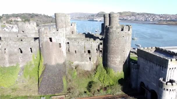 Medievale Conwy Castello Gallese Mercato Città Rovine Vista Aerea Storico — Video Stock