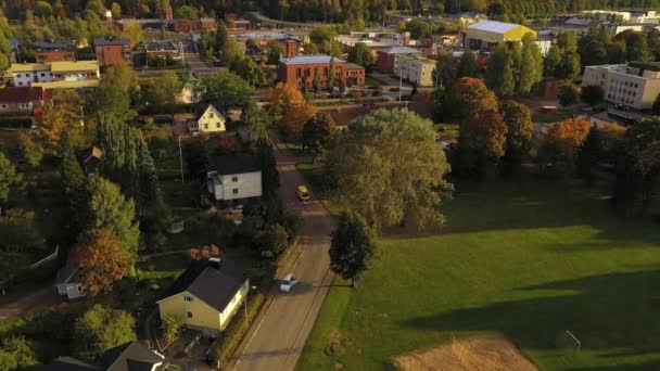Aerial View Ambulance Driving Town Sunny Autumn Evening Rising Drone — Wideo stockowe