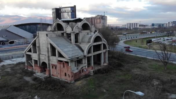 Aerial View Unfinished Orthodox Church Construction Project Concrete Structure Skopje — Vídeo de stock